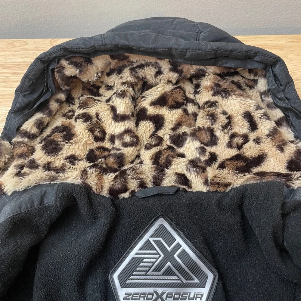 Zero Xposur Girls Black Puffer Jacket Hooded Leopard Trim‎ Coat - S